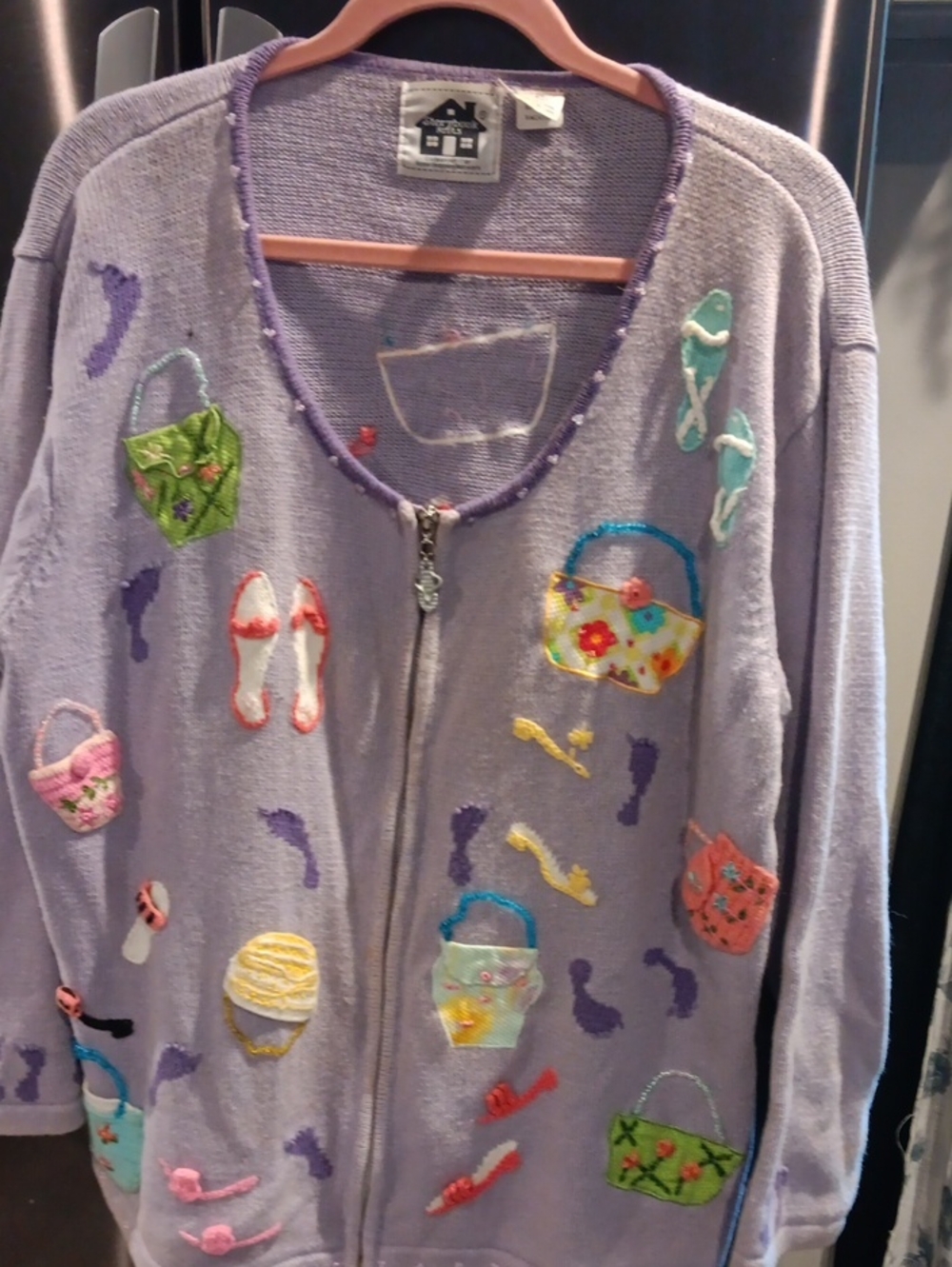 Storybook Knits Lavender Zip-Front Cardigan with Colorful Appliqués